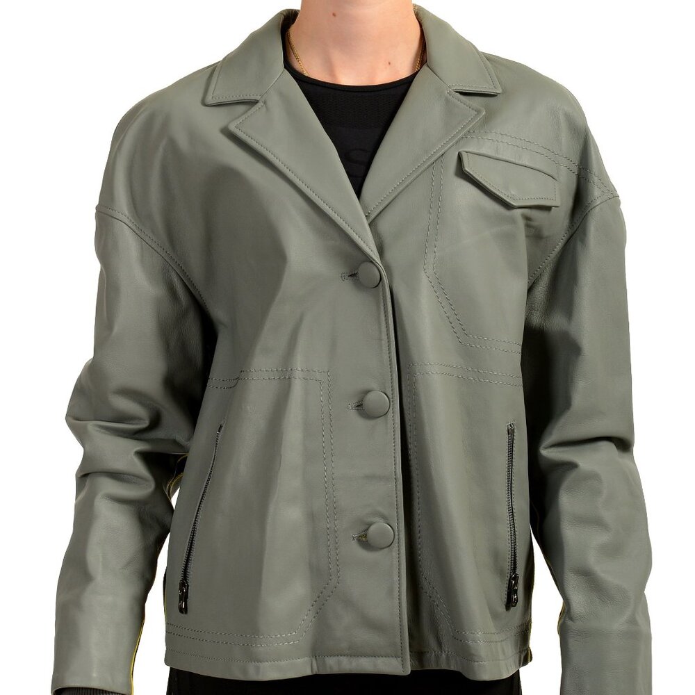 Scuderia Ferrari Women's Gray Leather Blouson Button Down Jacket US L IT 44